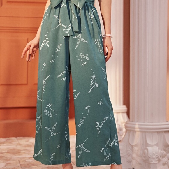 Boho Floral Print Front Tie Mint Wide leg Pants - Picture 6 of 7